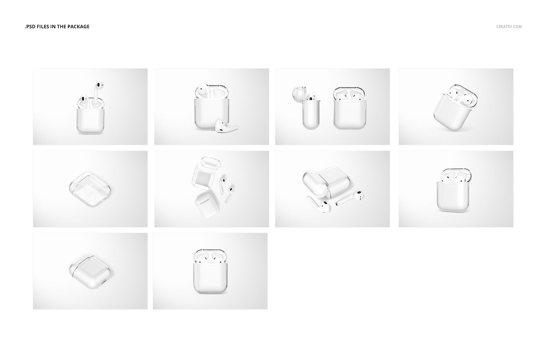 Multiple clear AirPods case mockups arranged in a grid, featuring different perspectives and lid positions.