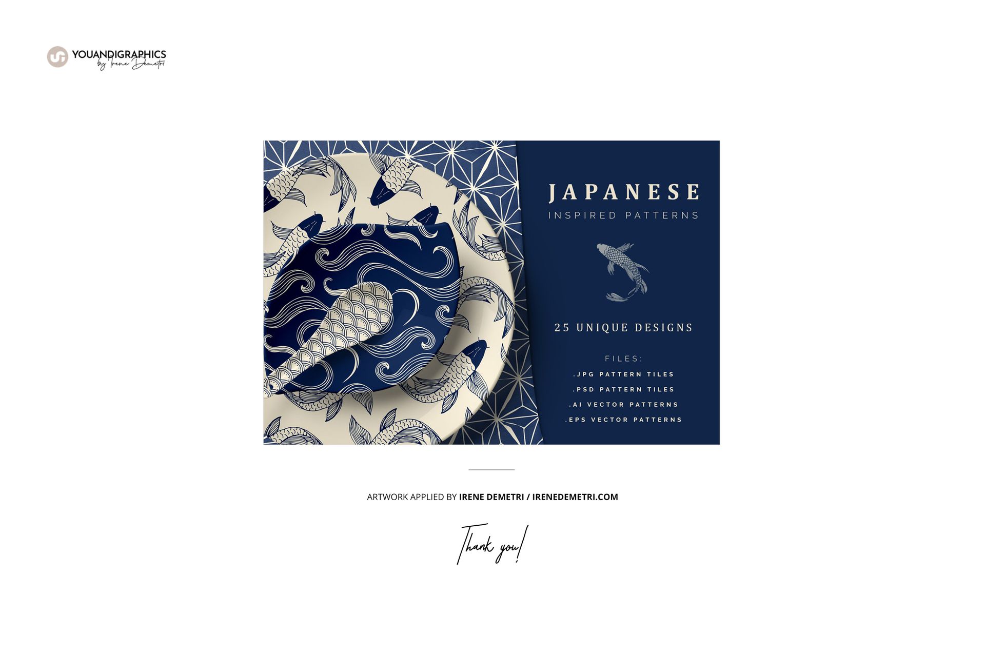 Front view of layered textiles with blue and white geometric and koi fish designs, arranged in a neat fabric stack mockup.