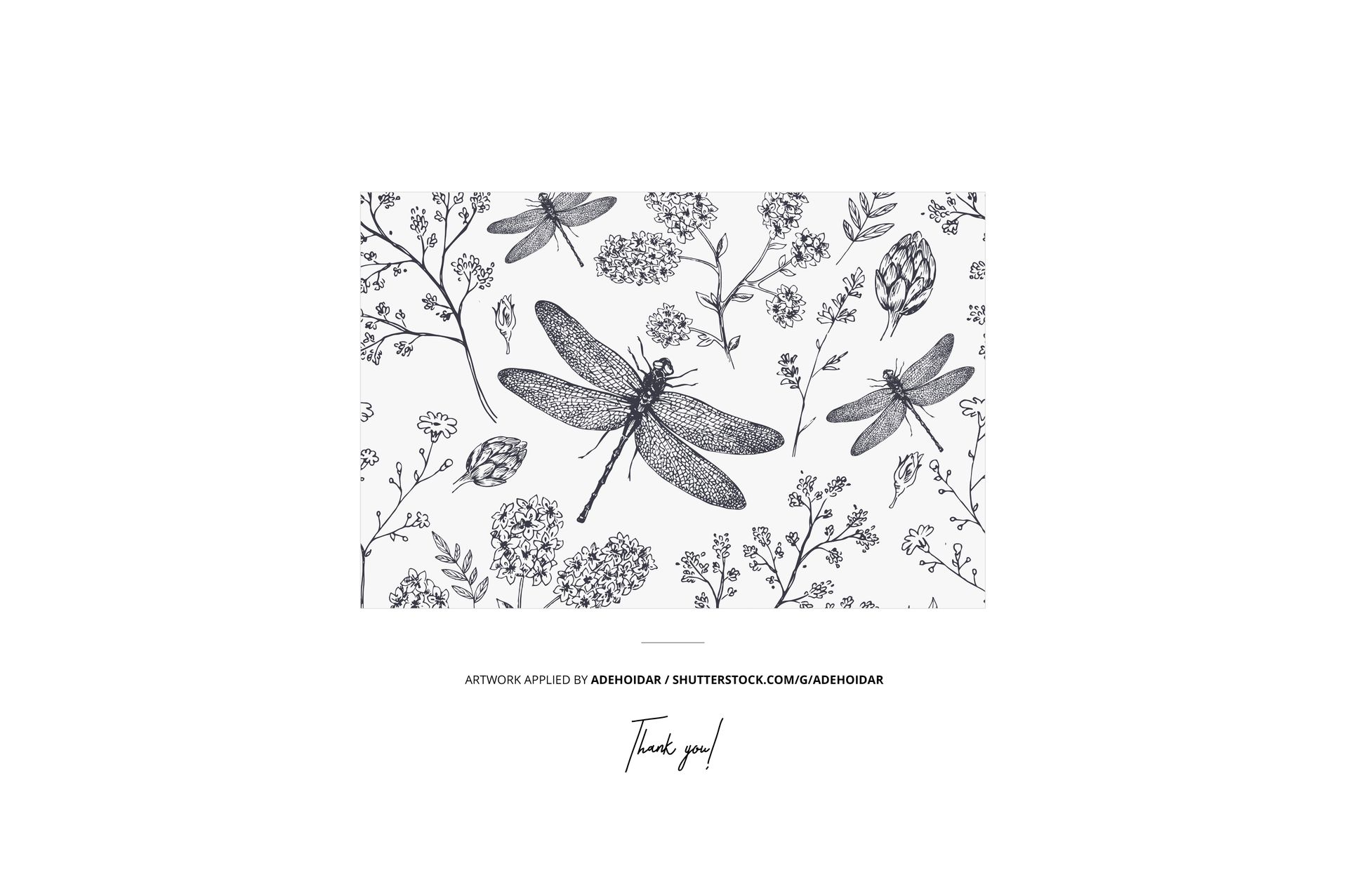 Bathroom mockup scene featuring a rectangular object with a black and white dragonfly and floral pattern, front view.