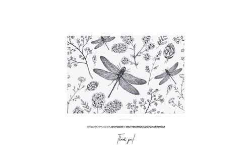 Bathroom mockup scene featuring a rectangular object with a black and white dragonfly and floral pattern, front view.