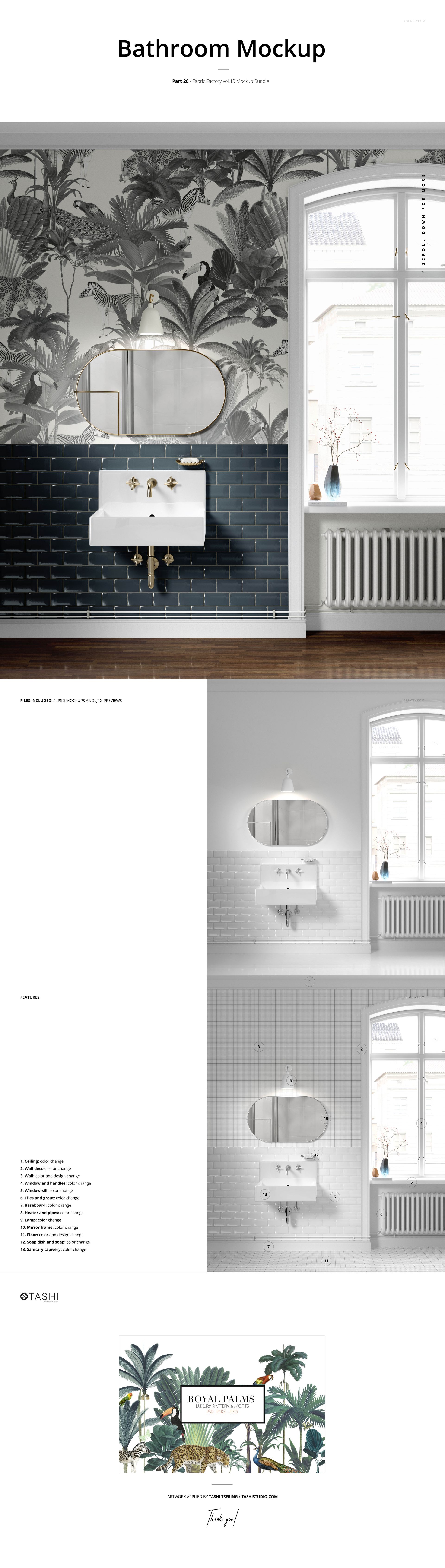 Bathroom mockup featuring a white sink, round mirror, and tropical leaf wallpaper in grayscale tones.
