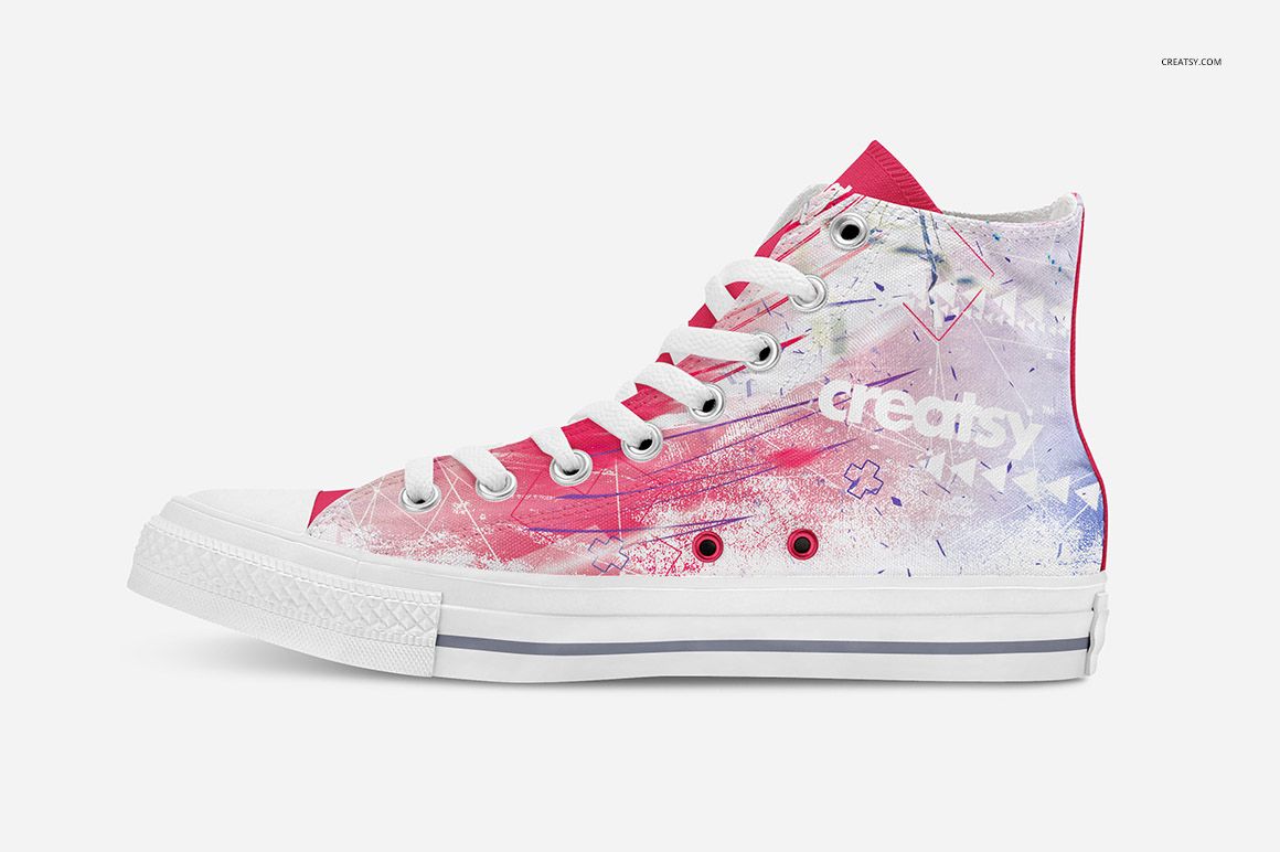 PSD mockup of a high-top sneaker displaying a colorful abstract design with pink tones and subtle graphic elements.