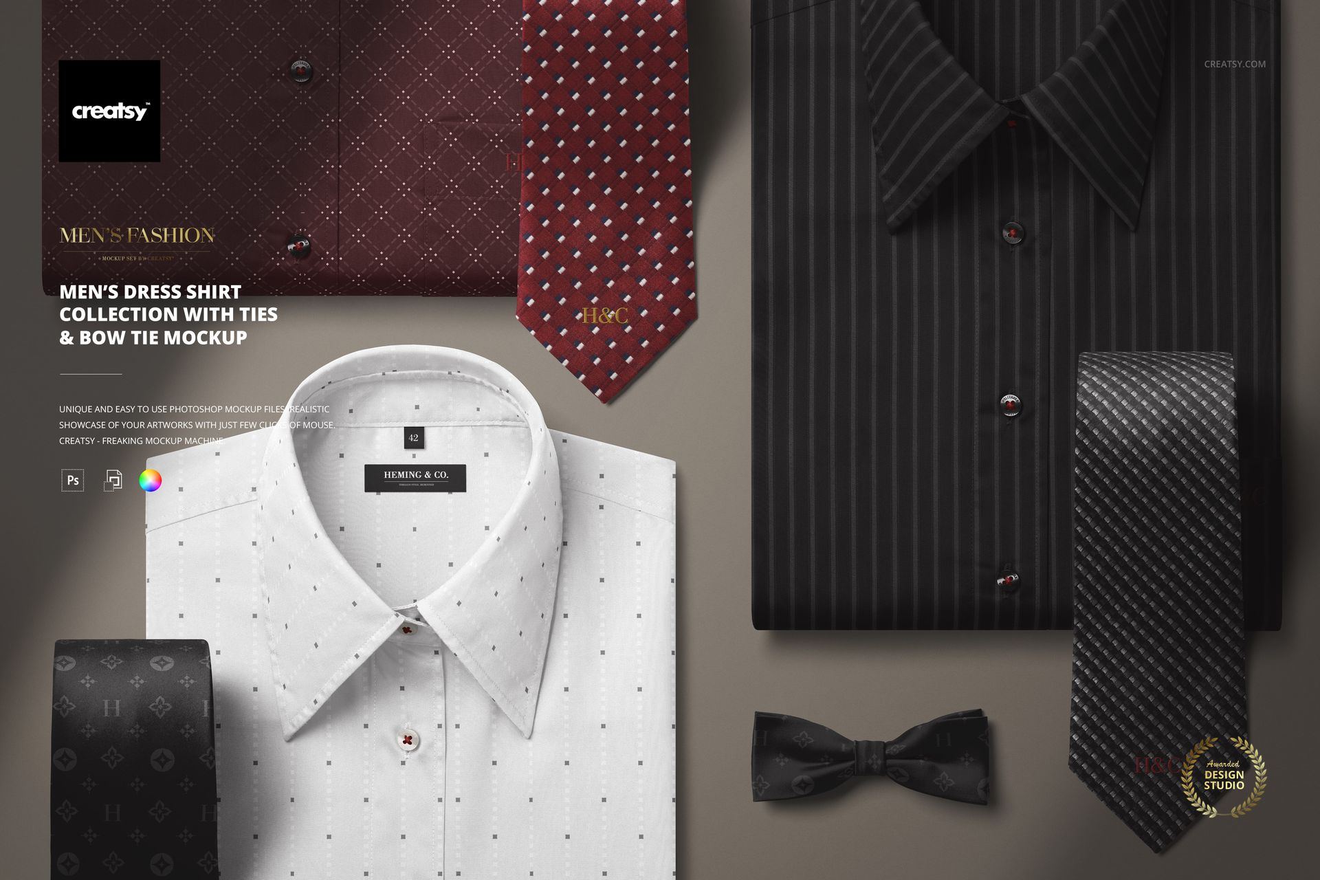 Men’s dress shirt mockup featuring black and white shirts, patterned ties, and a bow tie, displayed from above.