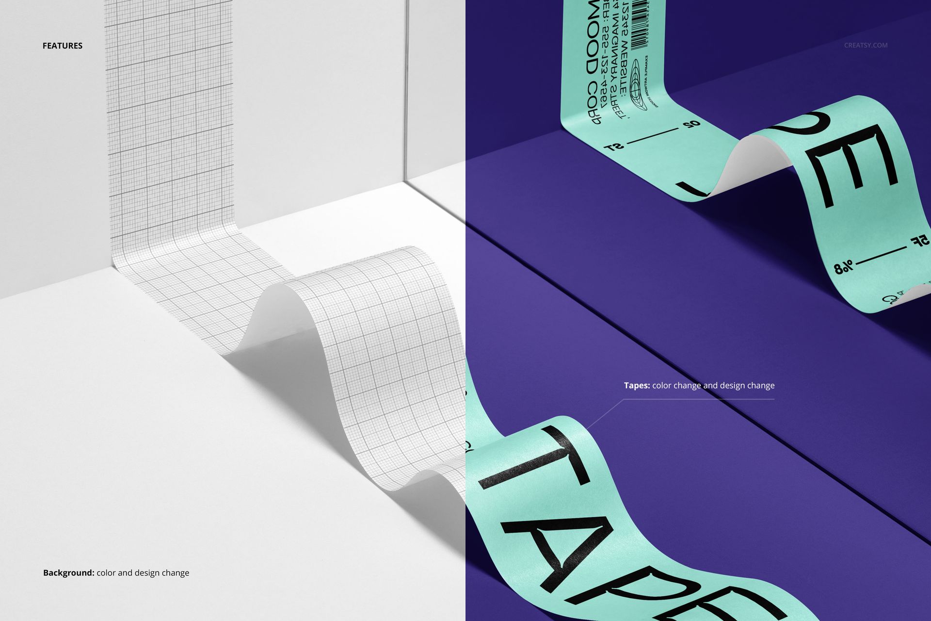 Packaging tape mockup showing a mirrored tape strip on a grid background and a colored tape on a purple surface.