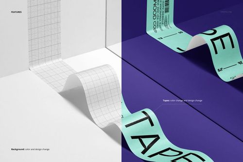 Packaging tape mockup showing a mirrored tape strip on a grid background and a colored tape on a purple surface.