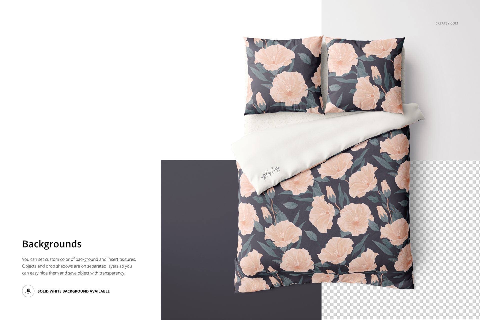 Bedding mockup set with euro pillows and blanket, floral design in pastel colors, displayed from above.