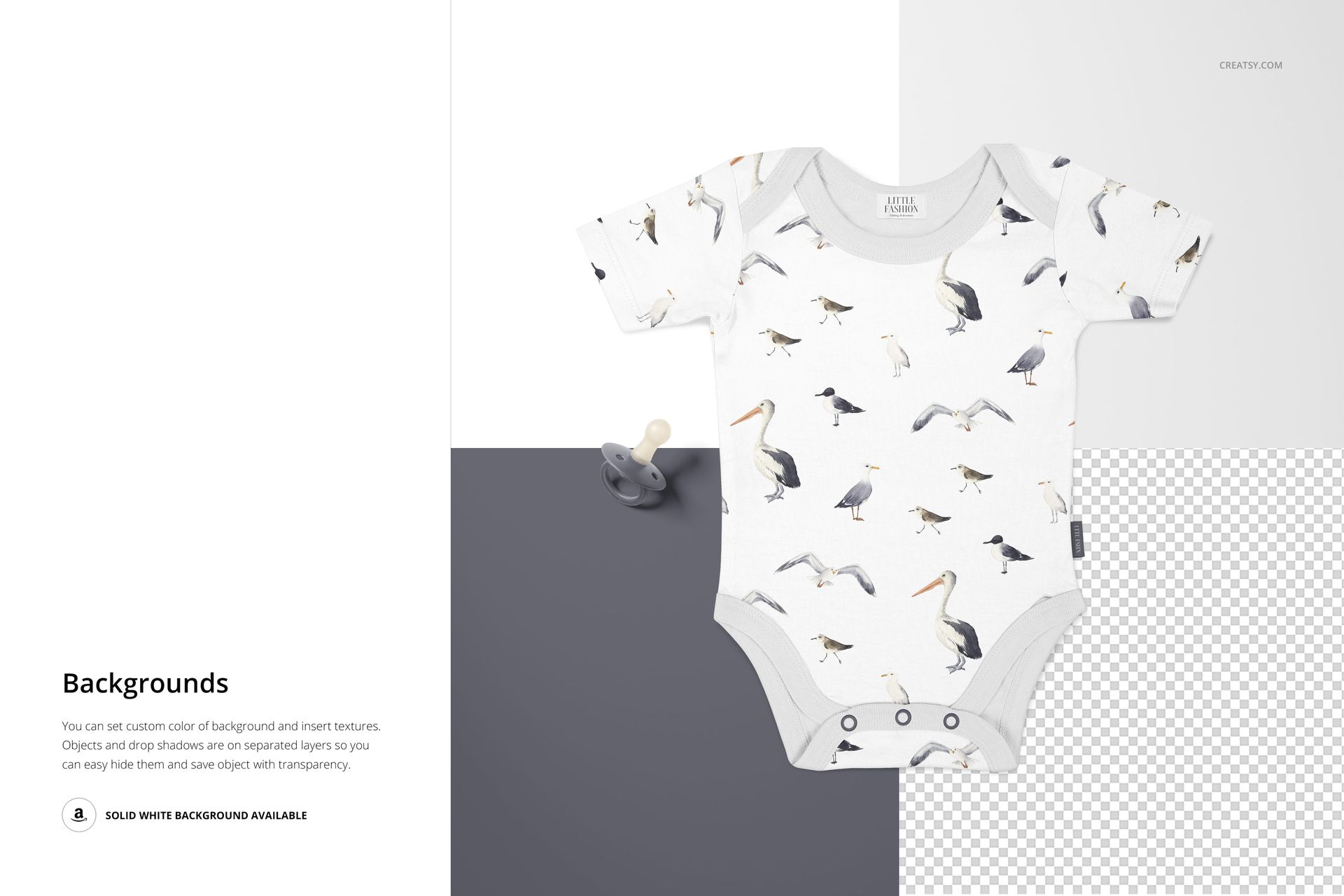Baby onesie mockup featuring a white fabric with gray trim and bird illustrations, shown with a pacifier on a multi-tone backdrop.
