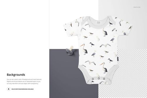 Baby onesie mockup featuring a white fabric with gray trim and bird illustrations, shown with a pacifier on a multi-tone backdrop.