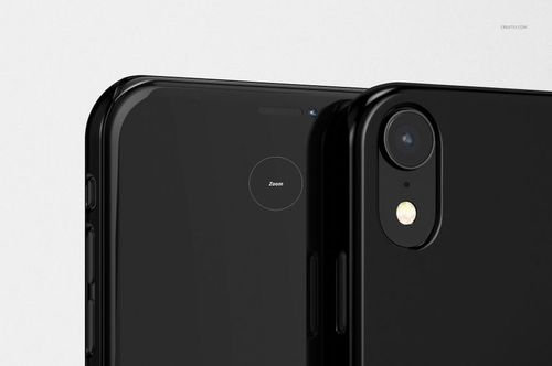 PSD mockup featuring glossy black iPhone XR snap cases with visible camera and button details in close-up view.