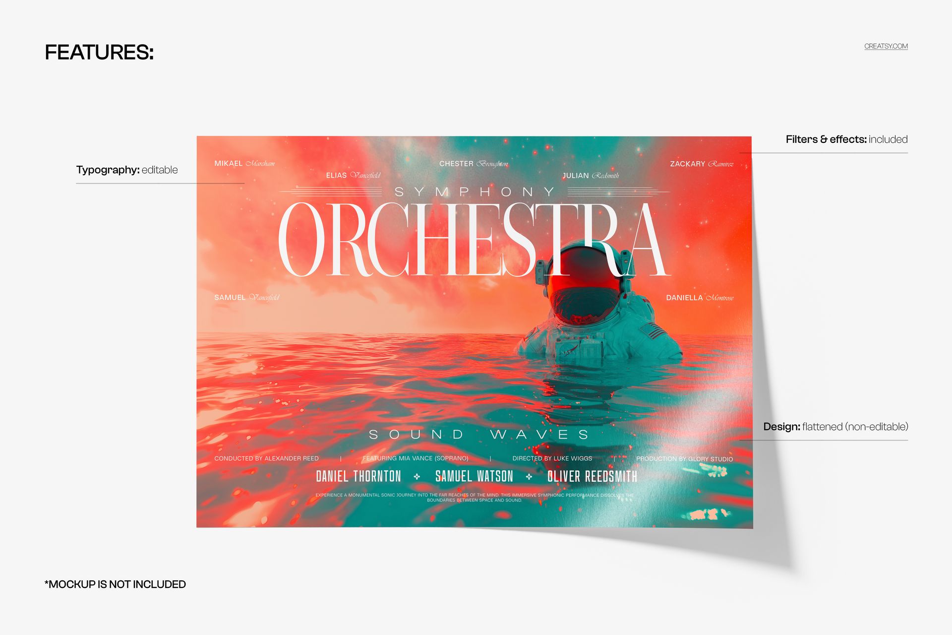 PSD mockup of a poster with an astronaut in a futuristic water landscape, surrounded by vivid coral and aqua colors.