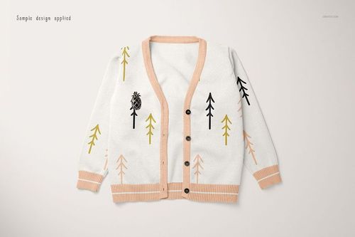 Baby cardigan sweater mockup in white with peach trim, featuring simple tree patterns in black and yellow, front view.