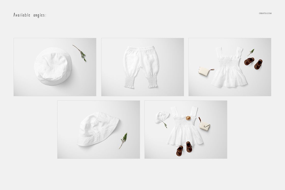 Baby summer set mockup featuring a white dress, bonnet, and bloomers displayed on a white background with props.