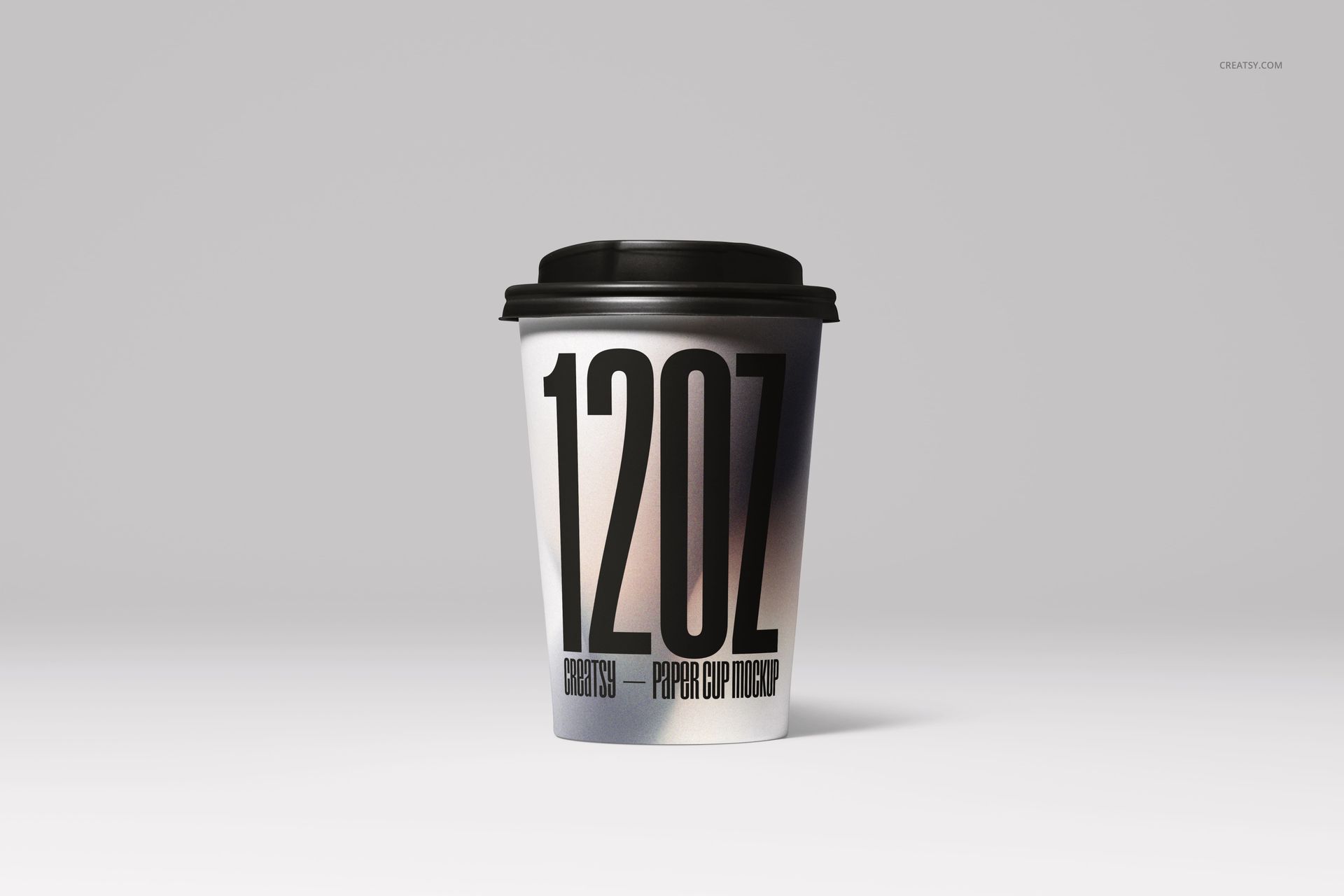 Single paper cup mockup with a black lid, large typography design, and soft gradient tones, centered on a white surface.