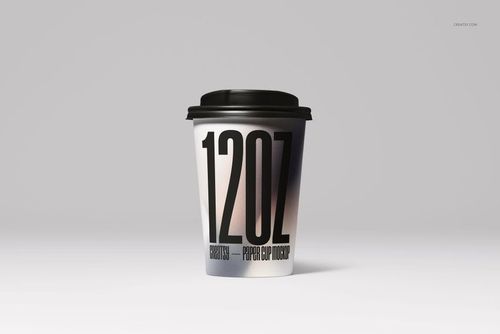 Single paper cup mockup with a black lid, large typography design, and soft gradient tones, centered on a white surface.