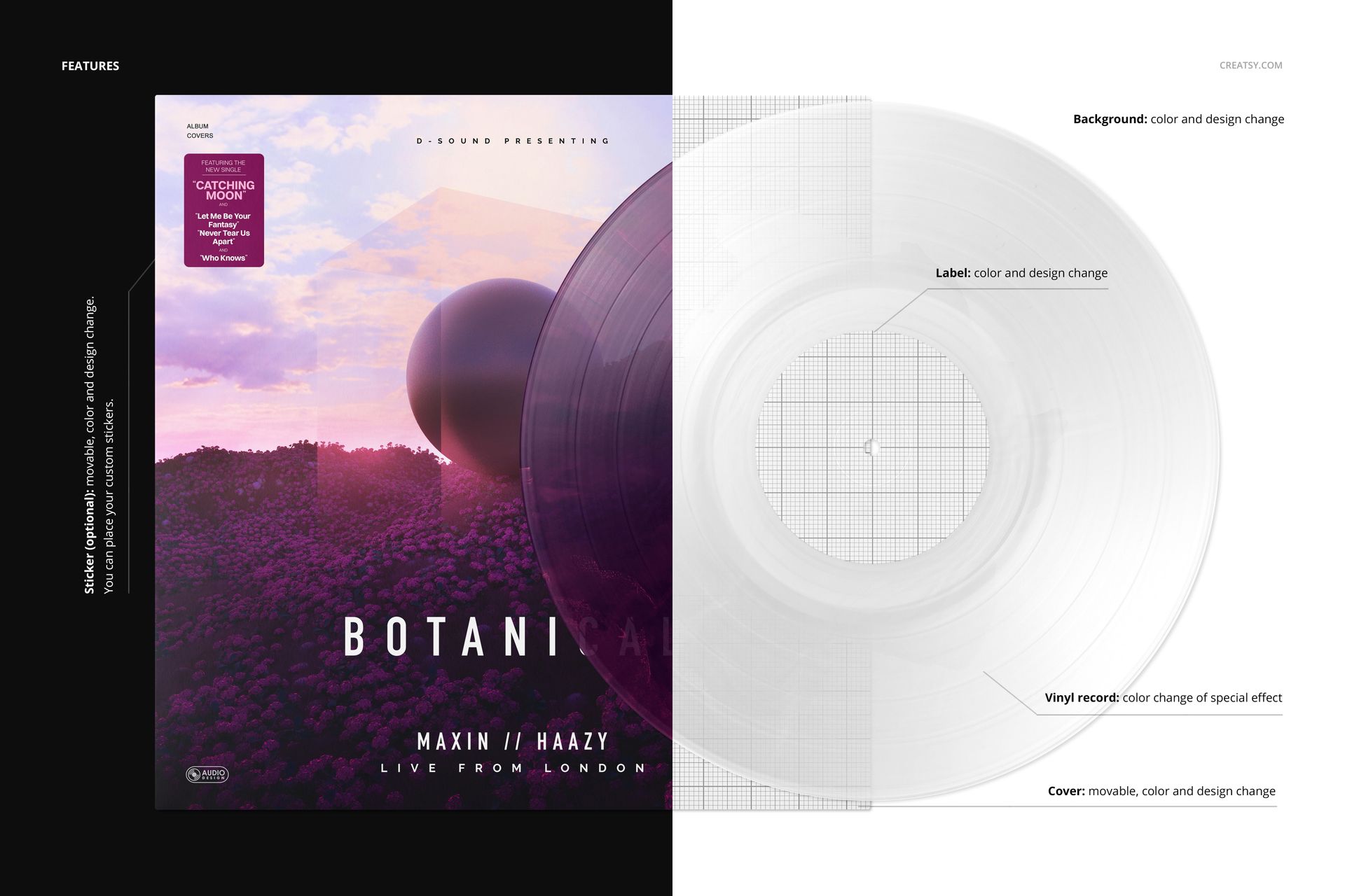 Front view of a vinyl record and cover mockup with marbled effect, featuring a purple landscape design and clear record.