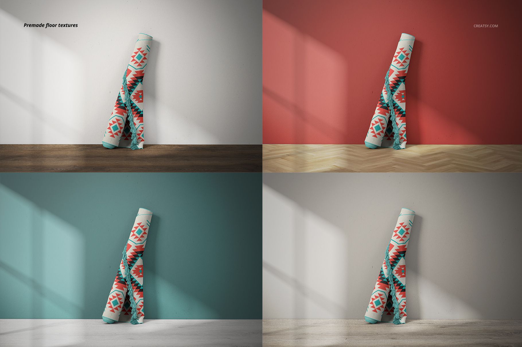 Fringed rug mockup featuring a colorful geometric design, displayed on four different wall and floor combinations.