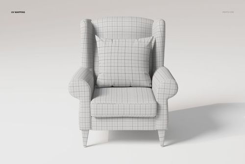 Front view of a wingback chair 3D model with grid texture, featuring a matching cushion, on a plain background.