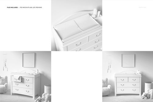 White baby changing pad mockup on top of a dresser in a nursery, shown from a front view with soft lighting.