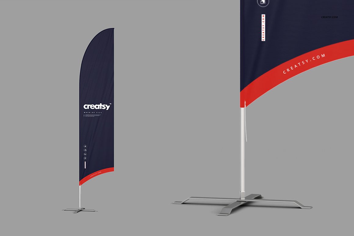 Outdoor flags mockup showing a front view of two flags with navy blue and red patterns, set on sturdy silver bases.