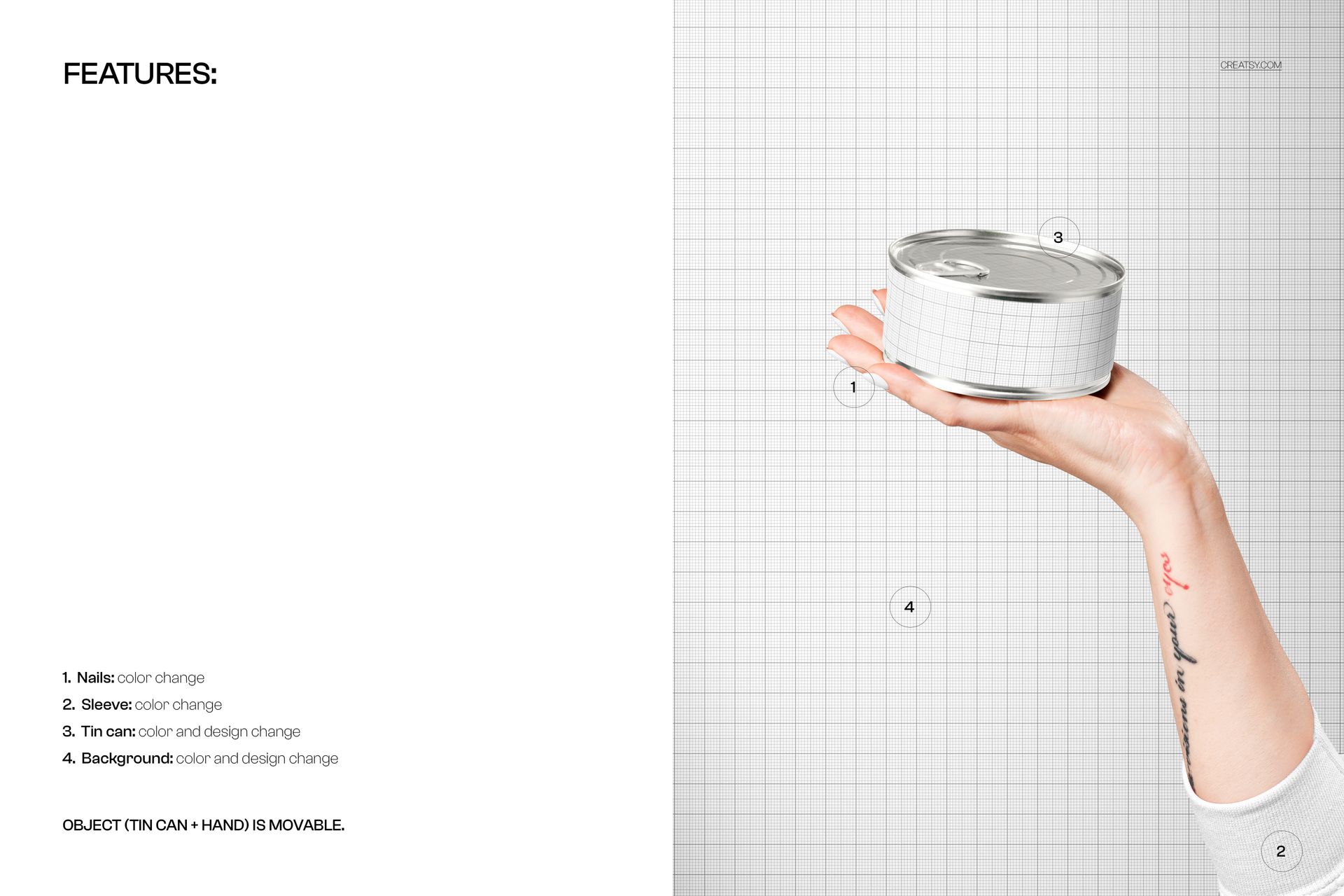 Round, low-profile tin can mockup in a hand, featuring a white grid label and minimal light background.