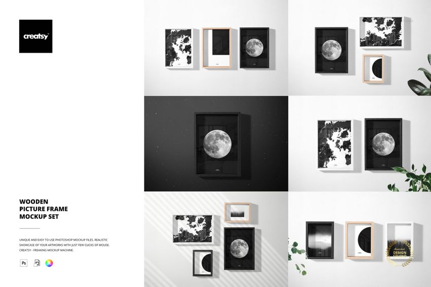 Wooden picture frames mockup set featuring black and natural frames with moon-themed prints, shown from a front view.