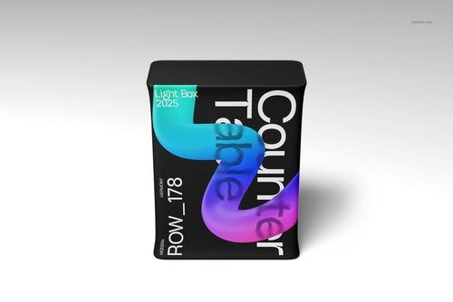 Top-down view of a modern LED counter table mockup with black surface and vibrant blue-purple design elements.