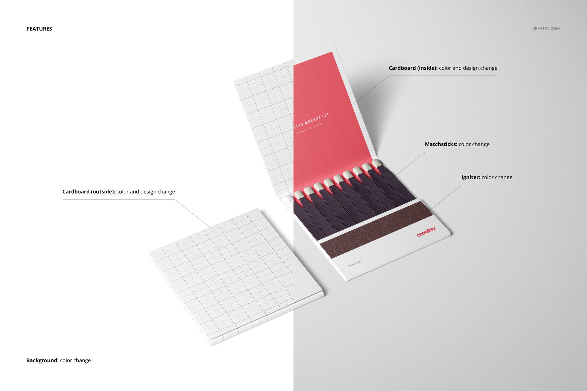 Open matchbook mockup displayed on a light surface, showing red and white matches with editable cardboard cover.