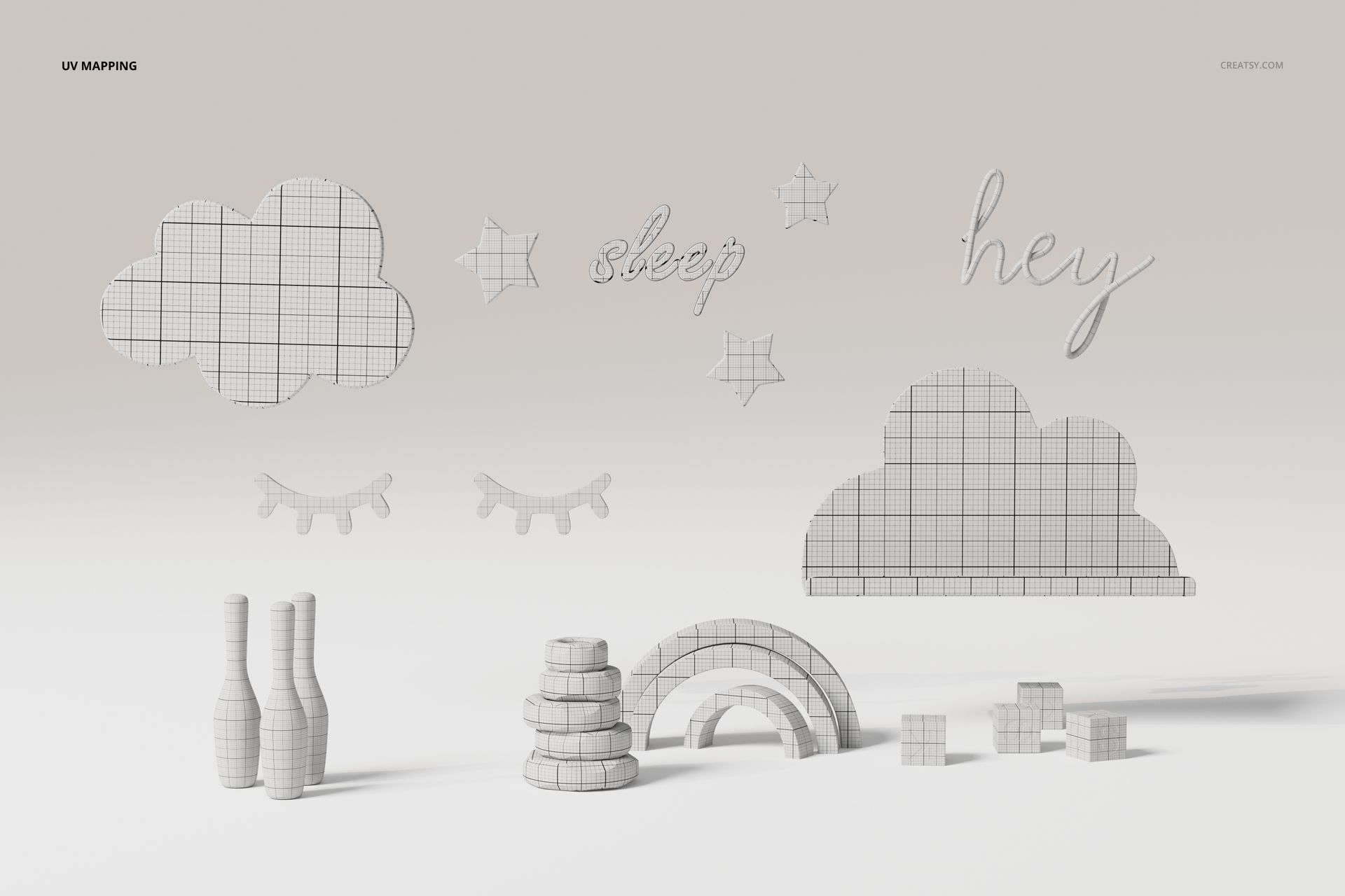 Front view of nursery decor 3D models including clouds, stars, and text shapes with grid patterns on a white surface.