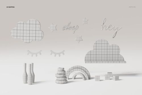 Front view of nursery decor 3D models including clouds, stars, and text shapes with grid patterns on a white surface.