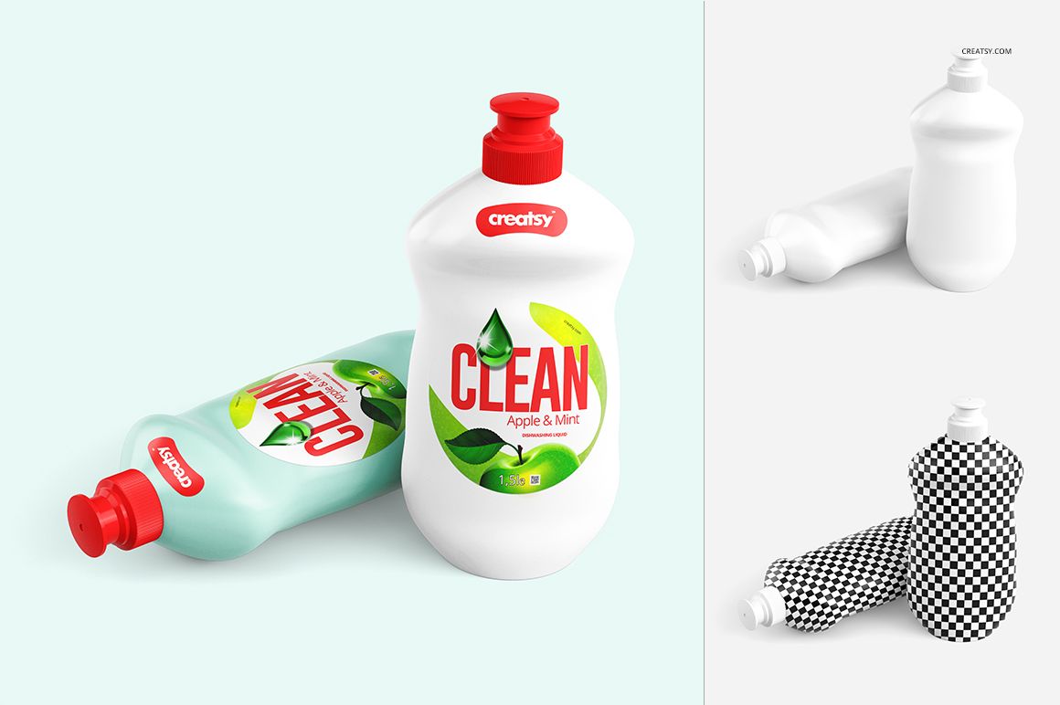 Mockup set showing dishwashing liquid bottles in various positions, featuring editable label designs and color options.