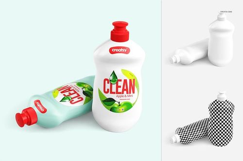 Mockup set showing dishwashing liquid bottles in various positions, featuring editable label designs and color options.