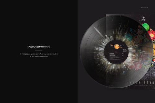 PSD mockup featuring a top-down perspective of a colored vinyl record and its detailed cover design on a black surface.