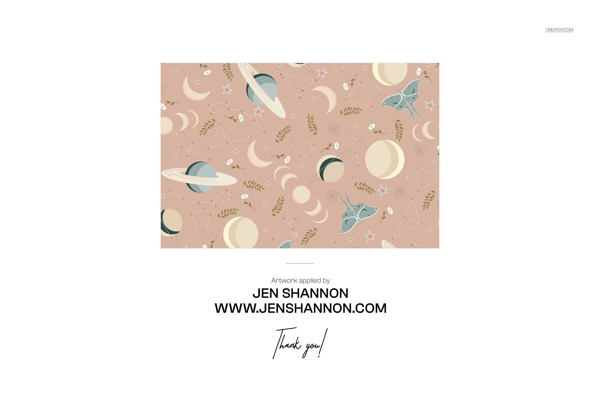 Seamless space-themed pattern with planets, moons, and stars on a soft beige background, shown in a mockup layout.