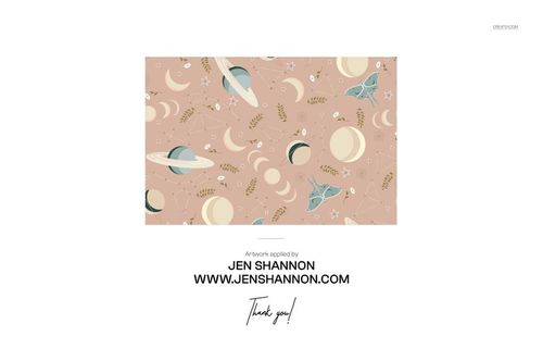 Seamless space-themed pattern with planets, moons, and stars on a soft beige background, shown in a mockup layout.