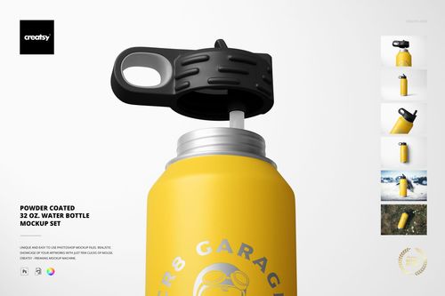 Yellow powder coated 32 oz. water bottle with black lid shown in close-up front view, PSD mockup scene.