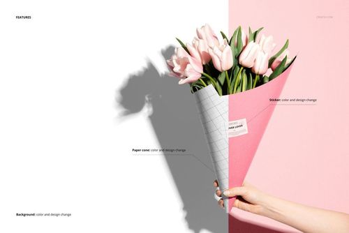 PSD mockup of flowers bouquet packaging cone in hand, featuring pink tulips and a modern split background.
