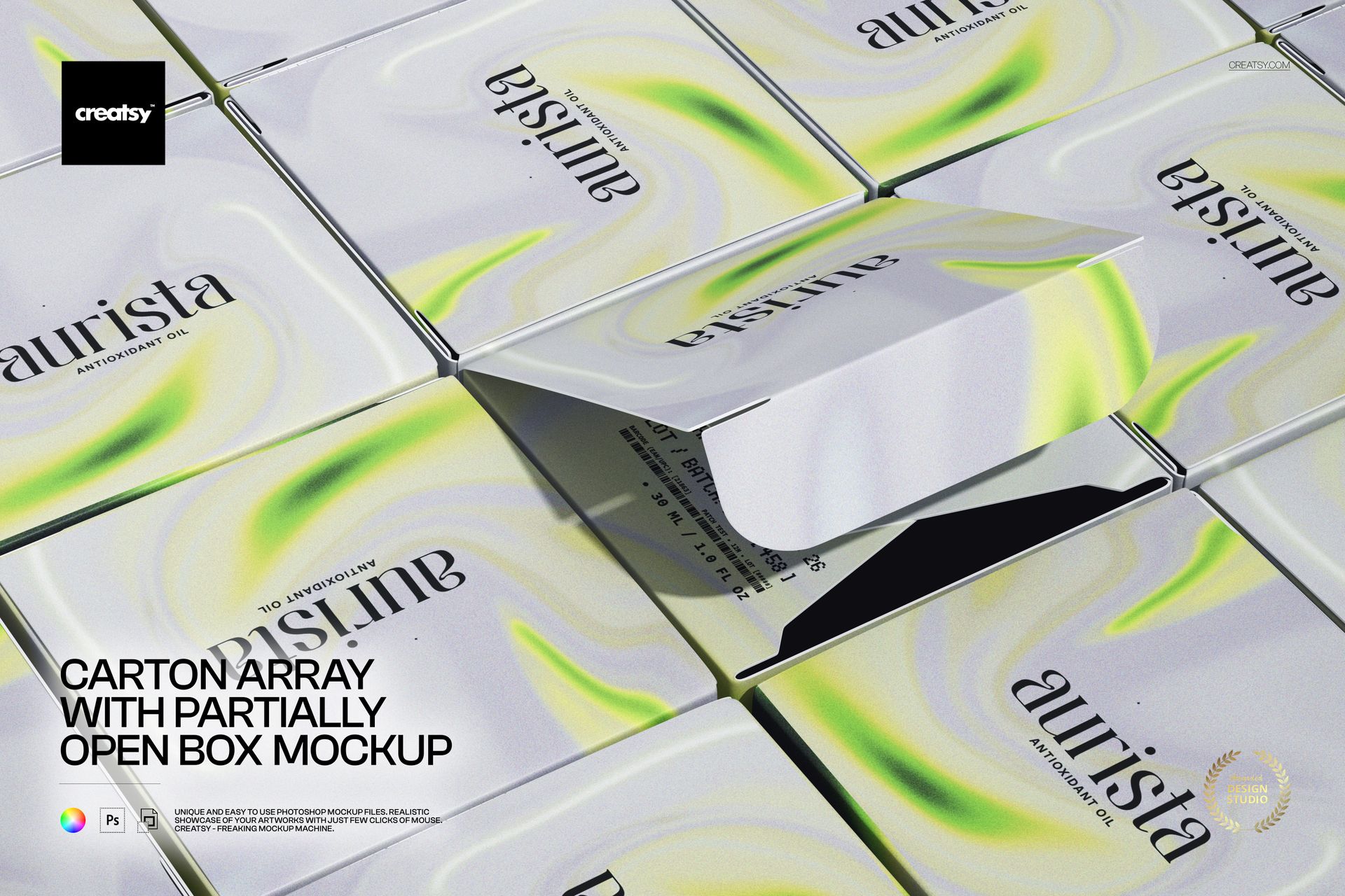 PSD mockup showing multiple carton boxes with abstract designs, one box lid lifted to reveal the inside.