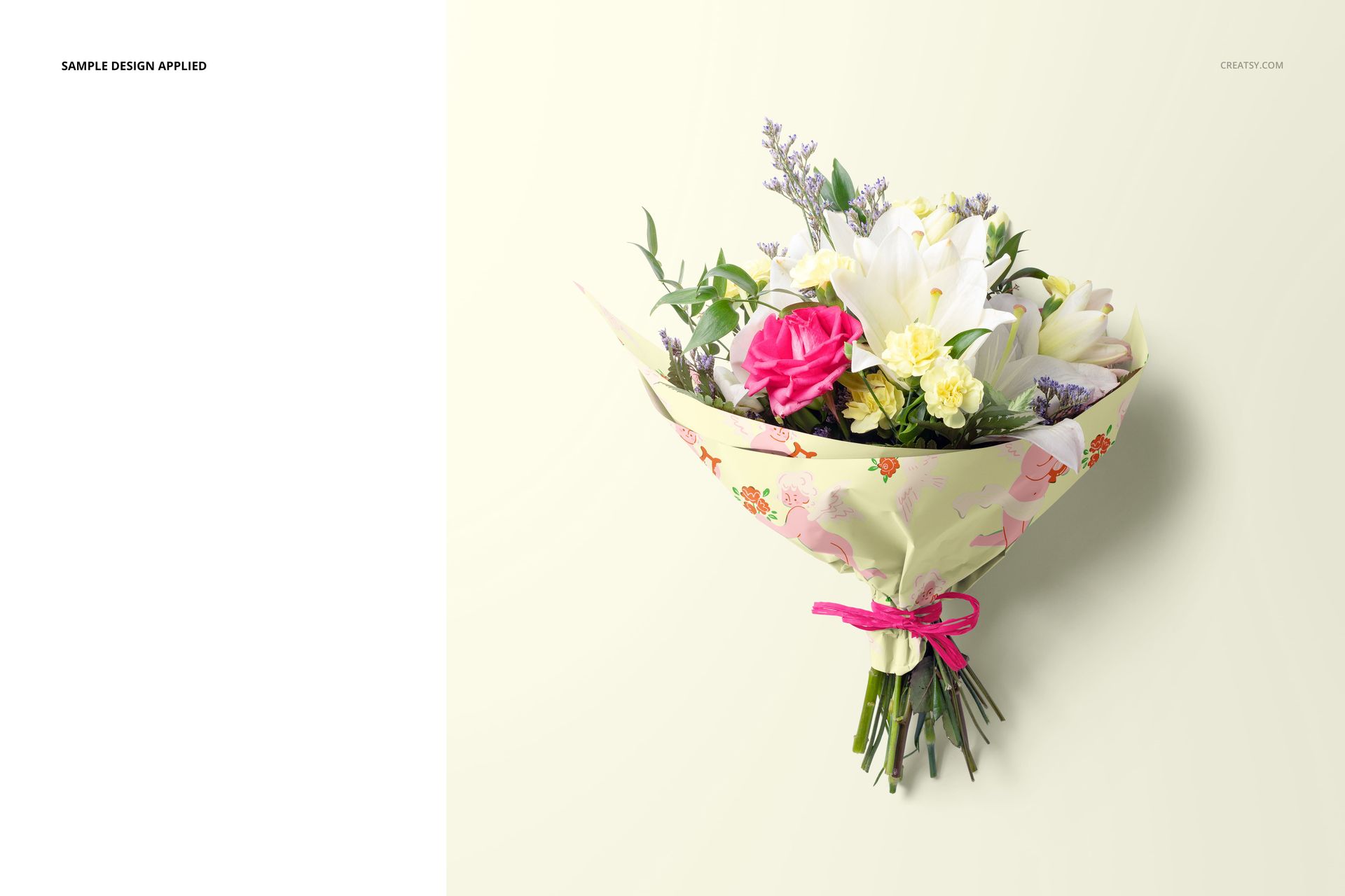 PSD mockup featuring a flower bouquet wrapped in romantic-themed paper, displayed from an overhead perspective.