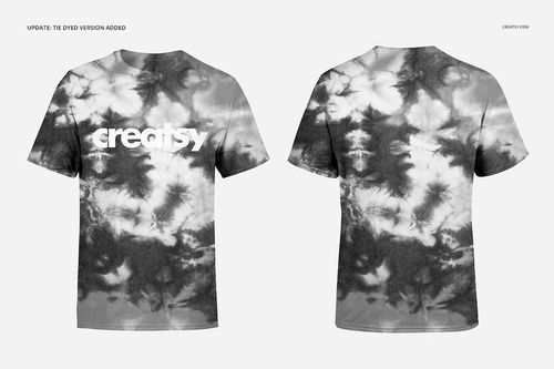 PSD mockup showing two adult t-shirts, front and back, featuring a bold black and white tie-dye design.