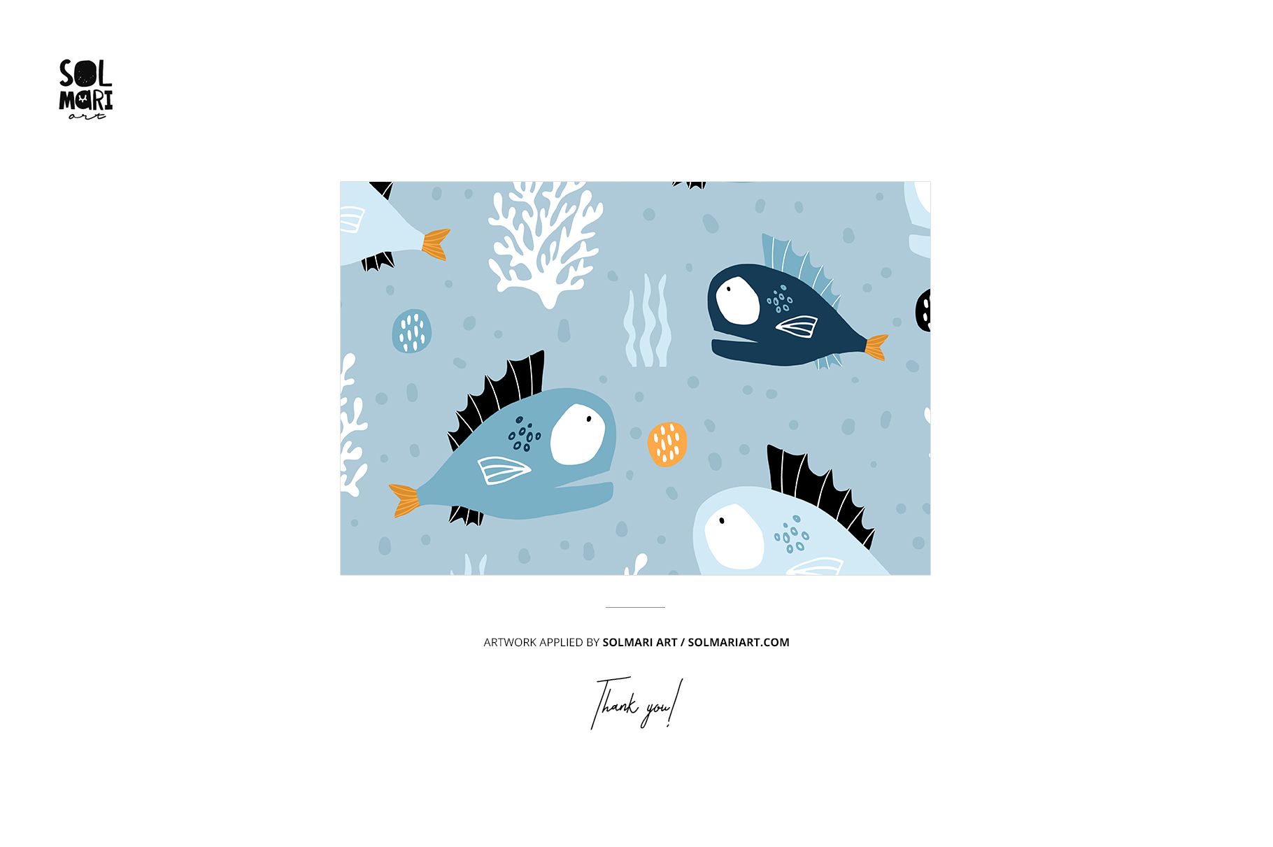 Kids bathroom bath curtain mockup featuring a blue aquatic pattern with fish, coral, and bubbles, front view.
