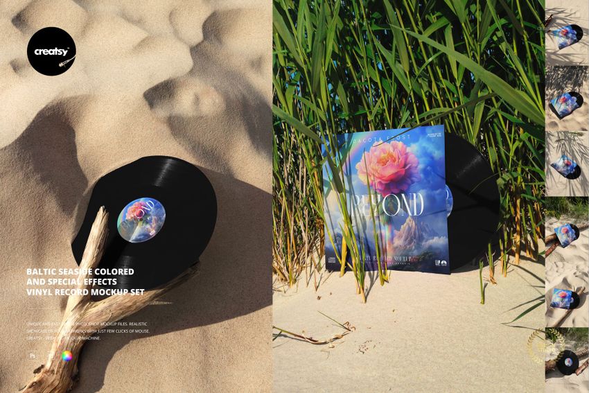 Music-themed PSD mockup featuring vinyl records and covers on a sunlit beach scene with sand and coastal vegetation.