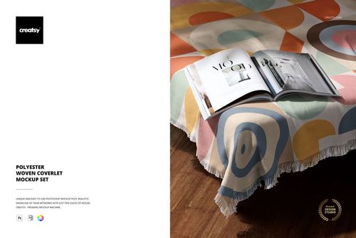 Mockup of a woven coverlet in pastel circles and shapes, arranged on a bed with fringed edges and an open magazine.