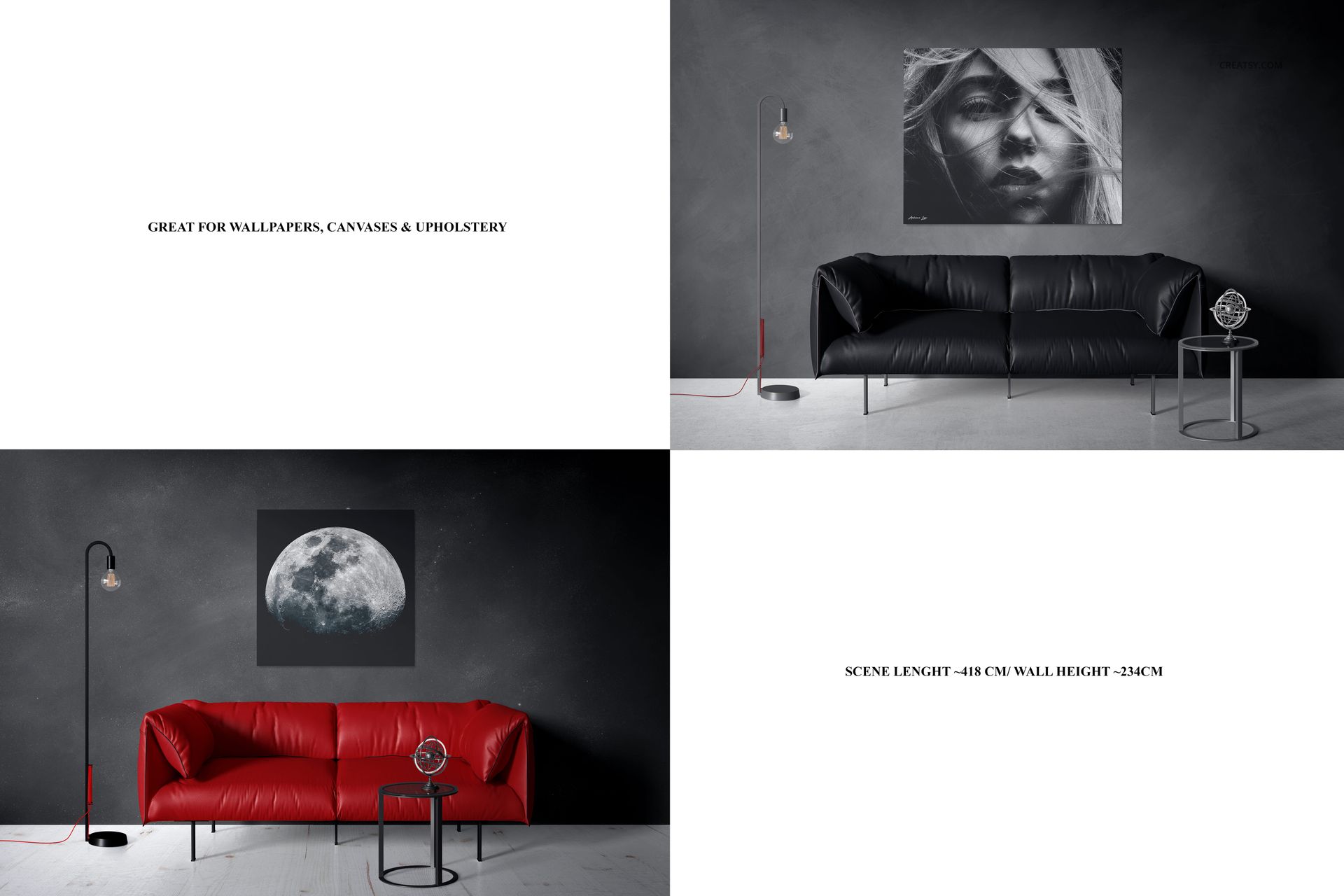 Loft style interior featuring a leather sofa, canvas print mockup on a dark wall, and modern metal side table.