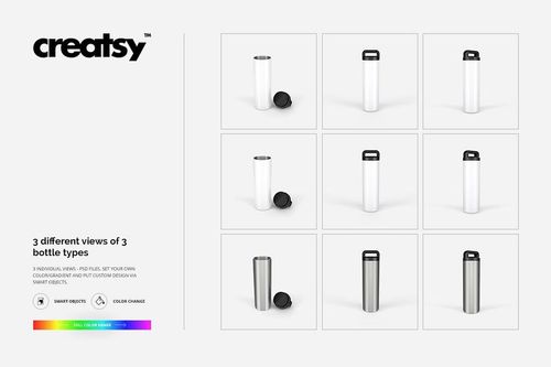 PSD mockup set displaying three types of 18oz stainless steel tumblers, each in three distinct views with minimal props.
