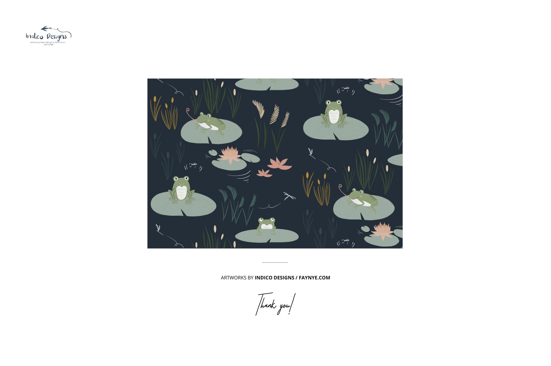 Greeting card mockup featuring a rectangular card with a frog and lily pad pattern, displayed on a white background.