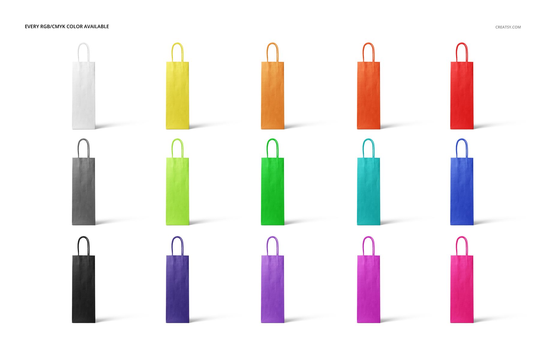 Set of Eurotote wine tote bags mockup displayed in fifteen different solid colors, shown from the front.
