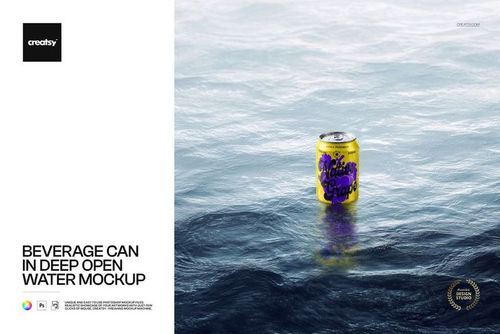 PSD mockup of a drink can with vibrant yellow and purple graphics in open water, surrounded by gentle waves.