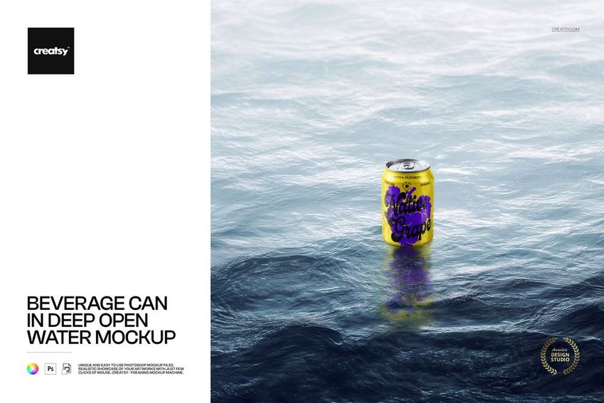 PSD mockup of a drink can with vibrant yellow and purple graphics in open water, surrounded by gentle waves.