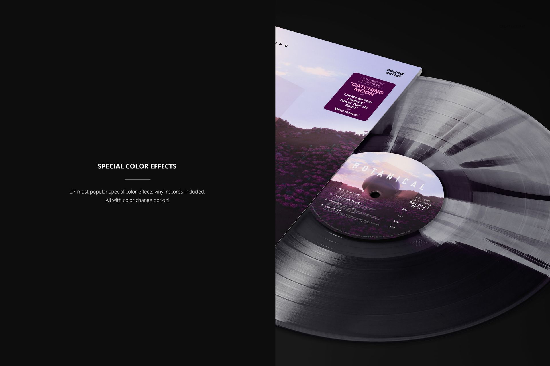Close-up of a translucent vinyl record in shades of purple and gray, shown next to a matching album cover mockup.
