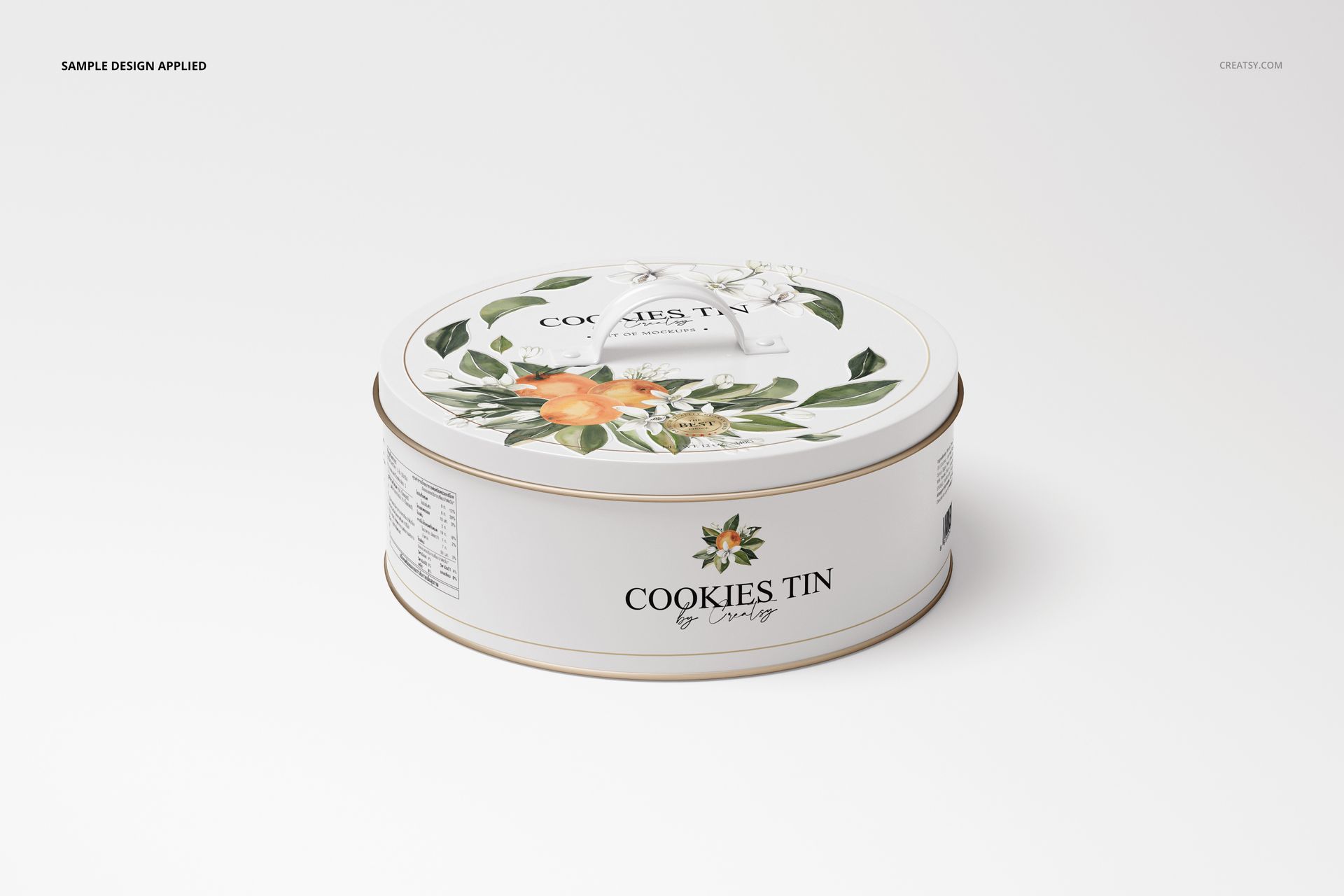 Mockup of a round cookie tin featuring botanical artwork and gold trim, displayed on a plain white surface.